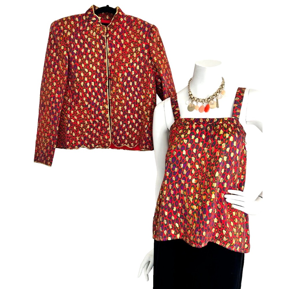 Vintage Metallic Gold Leopard Print 2 Piece Jacket Blouse Cami Set S Maximalist